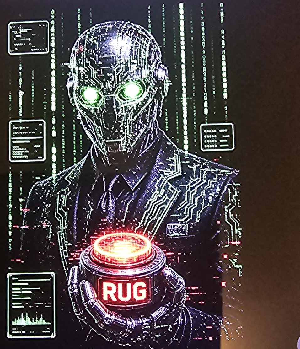 RUGAI, a circuit-faced overlord holding a red RUG switch